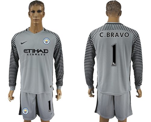 Manchester City 1 C Bravo Grey Goalkeeper Long Sleeves Soccer Club Jersey