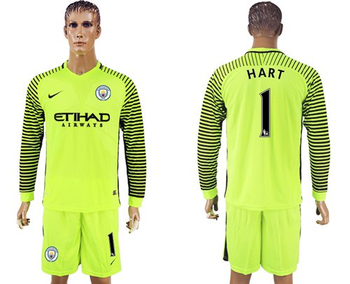 Manchester City 1 Hart Shiny Green Goalkeeper Long Sleeves Soccer Club Jersey