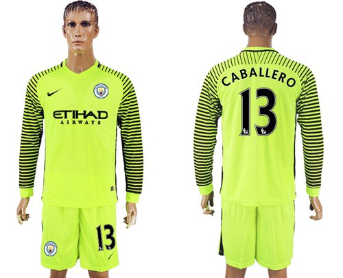 Manchester City 13 Caballero Shiny Green Goalkeeper Long Sleeves Soccer Club Jersey
