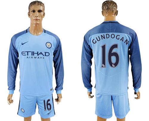 Manchester City 16 Gundogan Home Long Sleeves Soccer Club Jersey