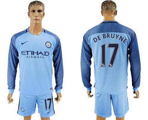 Manchester City 17 De Bruyne Home Long Sleeves Soccer Club Jersey