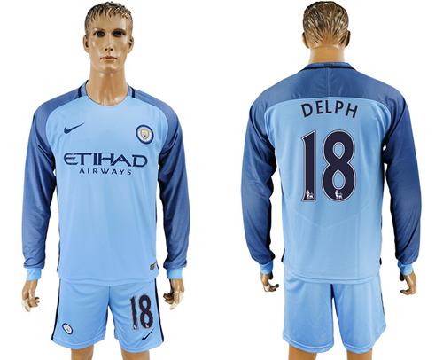 Manchester City 18 Delph Home Long Sleeves Soccer Club Jersey