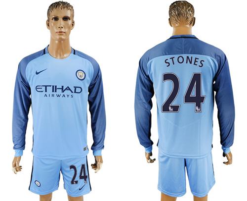 Manchester City 24 Stones Home Long Sleeves Soccer Club Jersey