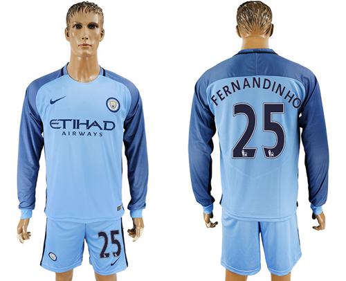 Manchester City 25 Fernandinho Home Long Sleeves Soccer Club Jersey
