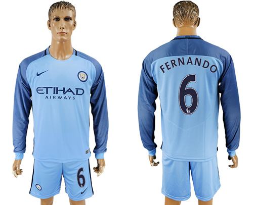Manchester City 6 Fernando Home Long Sleeves Soccer Club Jersey