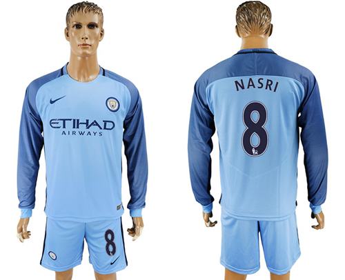 Manchester City 8 Nasri Home Long Sleeves Soccer Club Jersey