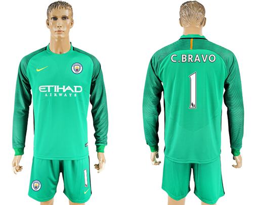 Manchester United 1 C Bravo Green Goalkeeper Long Sleeves Soccer Club Jersey