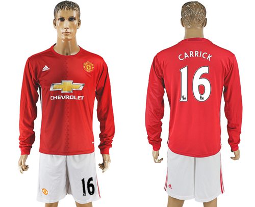 Manchester United 16 Carrick Red Home Long Sleeves Soccer Club Jersey