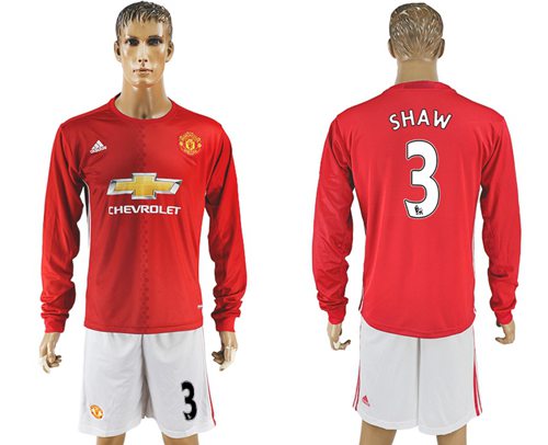 Manchester United 3 Shaw Red Home Long Sleeves Soccer Club Jersey