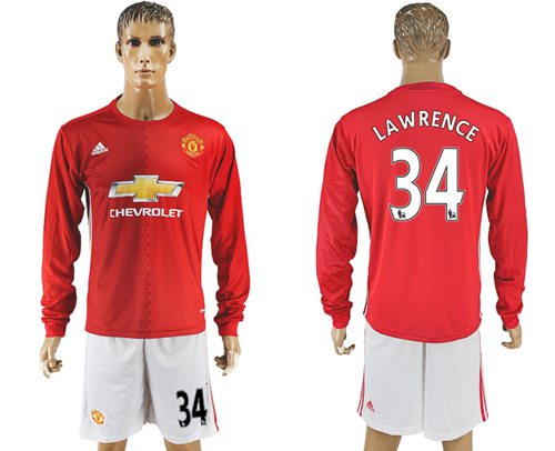 Manchester United 34 Lawrence Red Home Long Sleeves Soccer Club Jersey