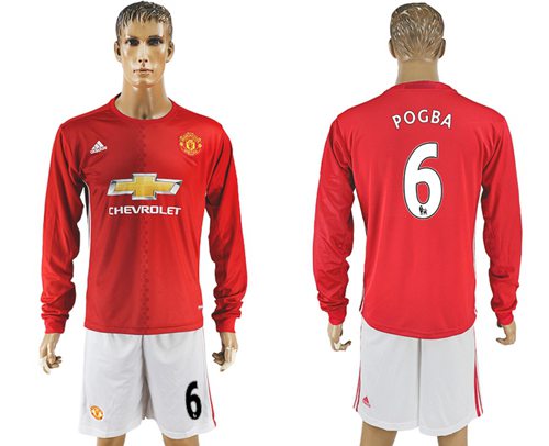 Manchester United 6 Pogba Red Home Long Sleeves Soccer Club Jersey