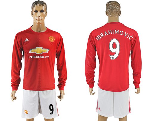 Manchester United 9 Ibrahimovic Red Home Long Sleeves Soccer Club Jersey