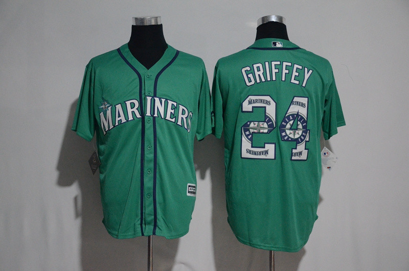 Mariners 24 Ken Griffey Jr. Green Team Logo Print Cool Base Jersey