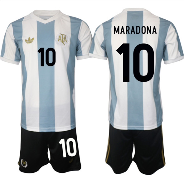 Men's Argentina 10 Diego Maradona White Blue 2024 25 50th Anniversary Home Soccer Jersey Suit