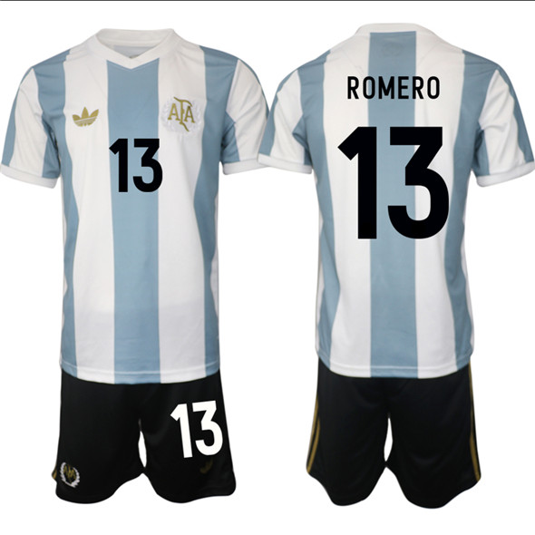 Men's Argentina 13 Cristian Romero White Blue 2024 25 50th Anniversary Home Soccer Jersey Suit