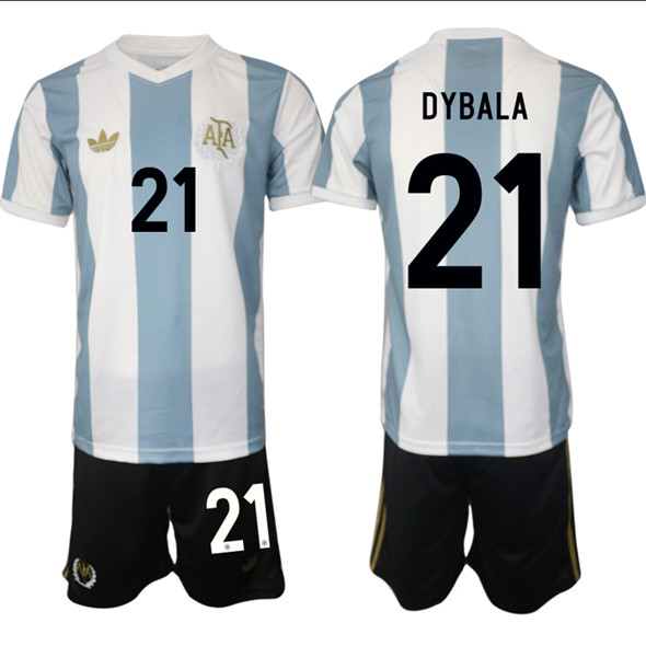 Men's Argentina 21 Dybala White Blue 2024 25 50th Anniversary Home Soccer Jersey Suit