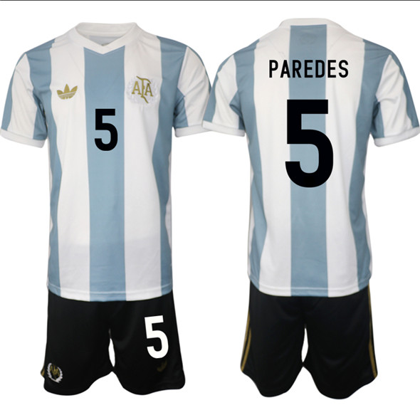 Men's Argentina 5 Leandro Paredes White Blue 2024 25 50th Anniversary Home Soccer Jersey Suit