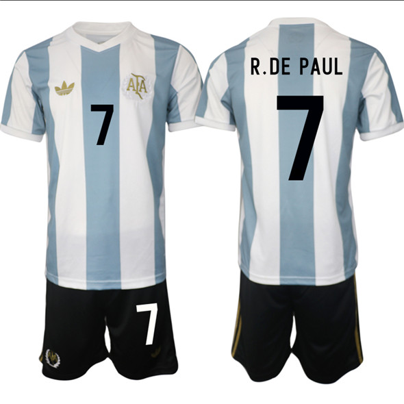Men's Argentina 7 Rodrigo Javier De Paul White Blue 2024 25 50th Anniversary Home Soccer Jersey Suit