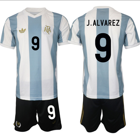Men's Argentina 9 Julián Alvarez White Blue 2024 25 50th Anniversary Home Soccer Jersey Suit