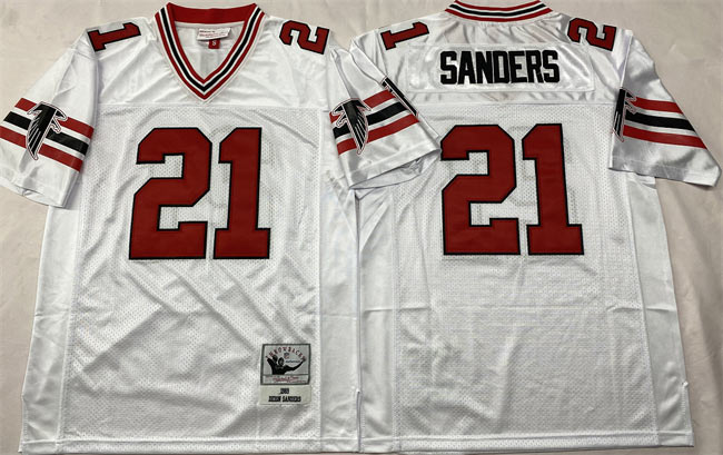 Men's Atlanta Falcons 21 Deion Sanders White Throwback Football Stitched Jersey