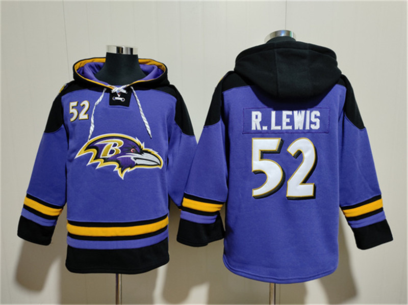 Men's Baltimore Ravens 52 Ray Lewis Purple Ageless Must Have Lace Up Pullover Hoodie