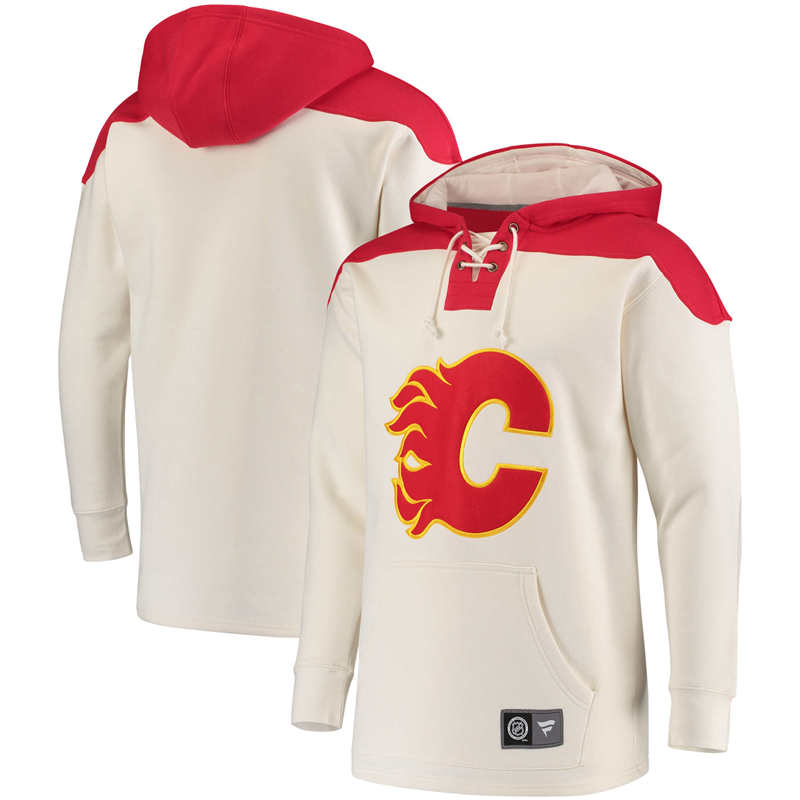 Men's Calgary Flames Fanatics Branded White Red Breakaway Lace Up Hoodie