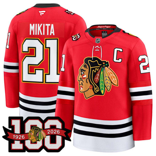 Men's Chicago Blackhawks 21 Stan Mikita Red 2025 Home 100th Anniversary Stitched Hockey Jersey