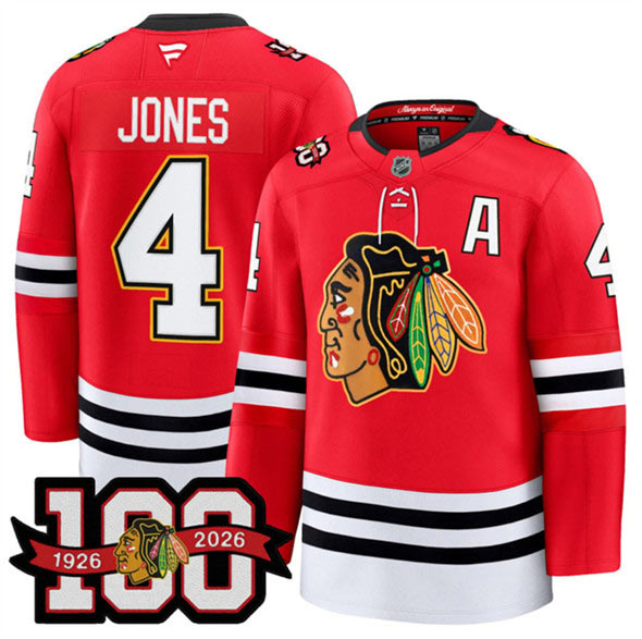Men's Chicago Blackhawks 4 Seth Jones Red 2025 Home 100th Anniversary With A Patch Stitched Hockey Jersey