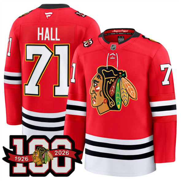 Men's Chicago Blackhawks 71 Taylor Hall Red 2025 Home 100th Anniversary Stitched Hockey Jersey