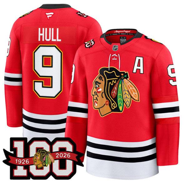 Men's Chicago Blackhawks 9 Bobby Hull Red 2025 Home 100th Anniversary Stitched Hockey Jersey
