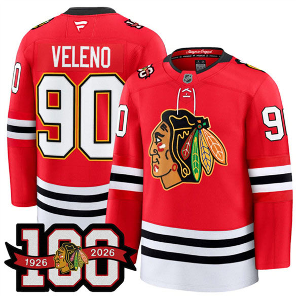 Men's Chicago Blackhawks 90 Joe Veleno Red 2025 Home 100th Anniversary Stitched Hockey Jersey