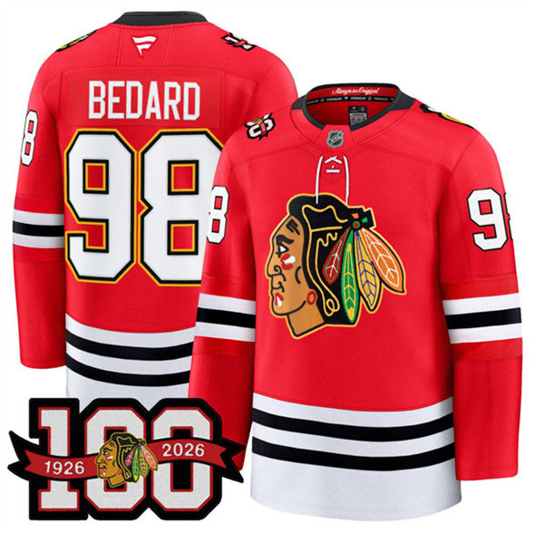 Men's Chicago Blackhawks 98 Connor Bedard Red 2025 Home 100th Anniversary Stitched Hockey Jersey