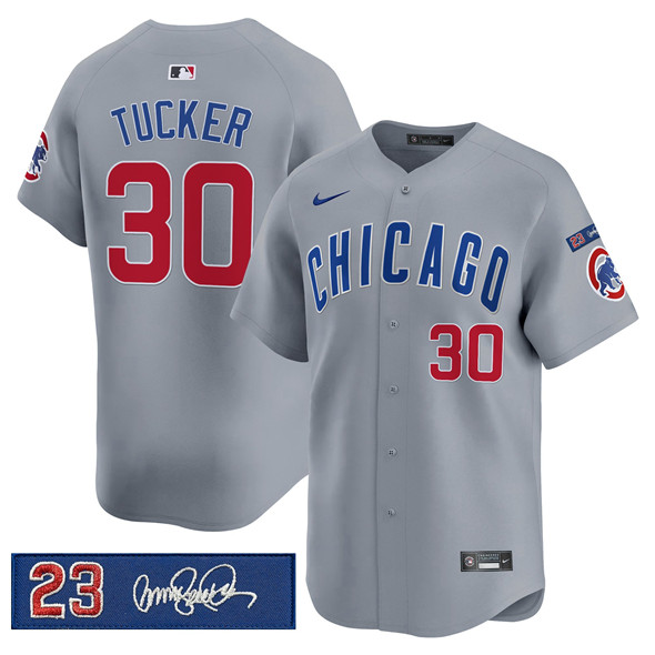 Men's Chicago Cubs 30 Kyle Tucker Gray 'Ryne Sandberg Tribute' Vapor Limited V3 Stitched Baseball Jersey