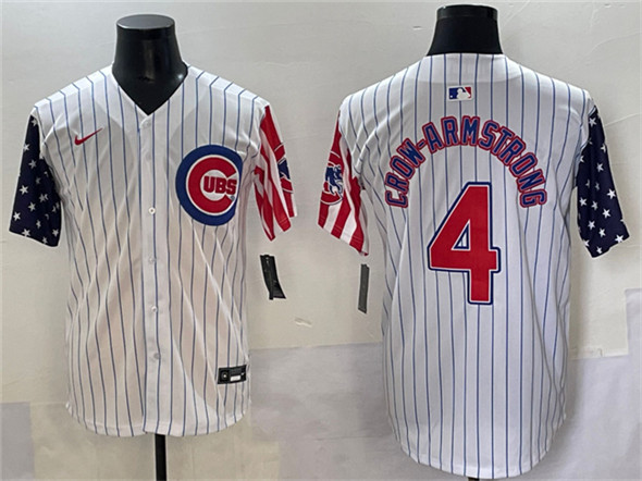 Men's Chicago Cubs 4 Pete Crow Armstrong White Pinstripe 2025 Independence Day Vapor Premier Limited Stitched Baseball Jersey