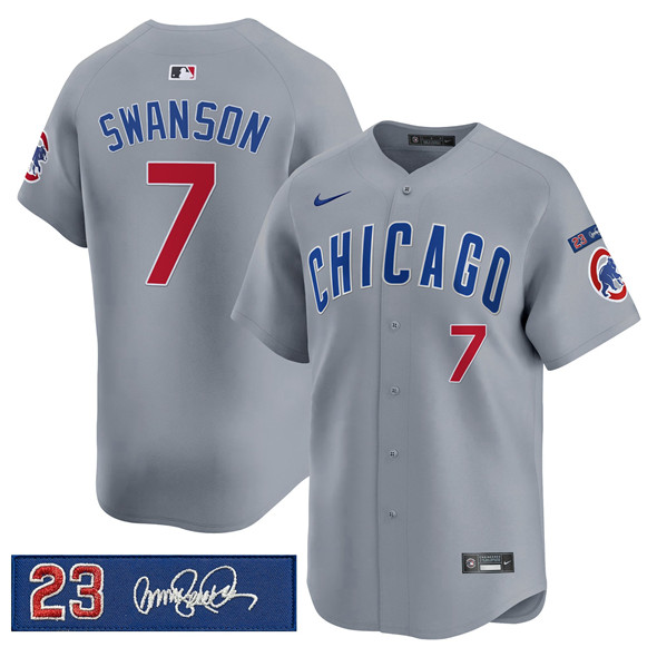 Men's Chicago Cubs 7 Dansby Swanson Gray 'Ryne Sandberg Tribute' Vapor Limited V3 Stitched Baseball Jersey