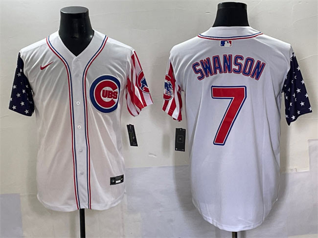 Men's Chicago Cubs 7 Dansby Swanson White 2025 Independence Day Vapor Premier Limited Stitched Baseball Jersey