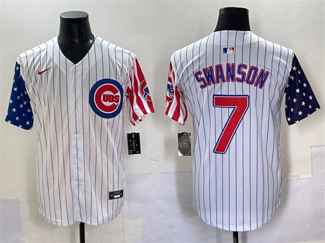 Men's Chicago Cubs 7 Dansby Swanson White Pinstripe 2025 Independence Day Vapor Premier Limited Stitched Baseball Jersey