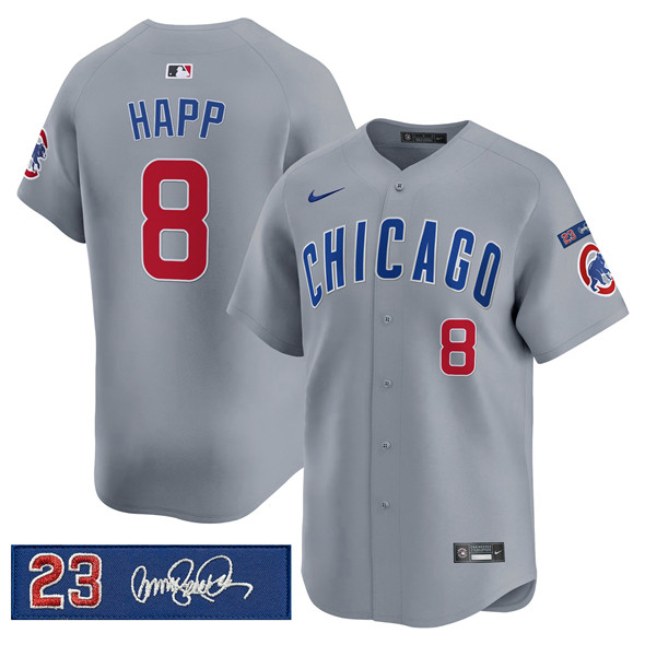 Men's Chicago Cubs 8 lan Happ Gray 'Ryne Sandberg Tribute' Vapor Limited V3 Stitched Baseball Jersey