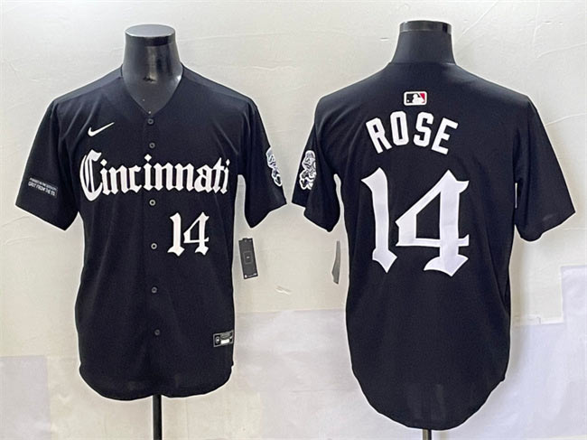 Men's Cincinnati Reds 14 Pete Rose Black 'Gothic Queen City Edition' Vapor Premier Limited Stitched Baseball Jersey