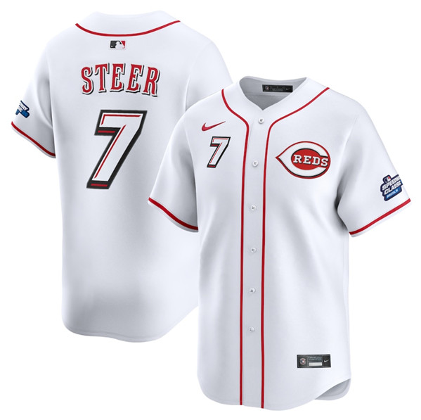 Men's Cincinnati Reds 7 Spencer Steer White 2025 Speedway Classic Home Limited Stitched Baseball Jersey