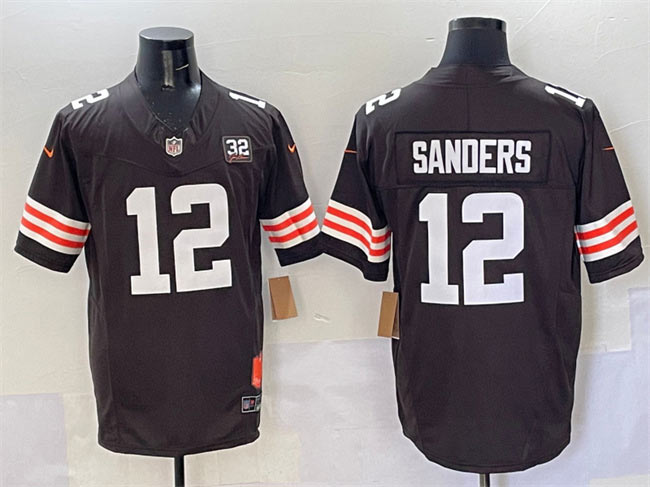 Men's Cleveland Browns 12 Shedeur Sanders Brown 2025 Draft F.U.S.E. With Jim Brown Memorial & Home Patch Vapor Limited Football Stitched Jersey