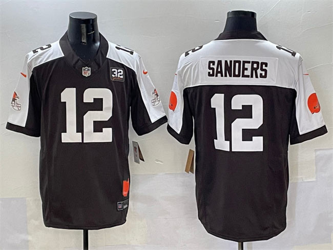 Men's Cleveland Browns 12 Shedeur Sanders Brown White 2025 Draft F.U.S.E. With Jim Brown Memorial & Home Patch Vapor Limited Football Stitched Jersey