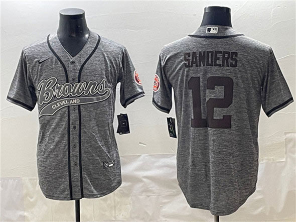 Men's Cleveland Browns 12 Shedeur Sanders Gray With Patch Cool Base Stitched Baseball Jersey