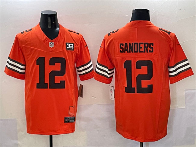 Men's Cleveland Browns 12 Shedeur Sanders Orange 2025 Draft F.U.S.E. With Jim Brown Memorial & Home Patch Vapor Limited Football Stitched Jersey