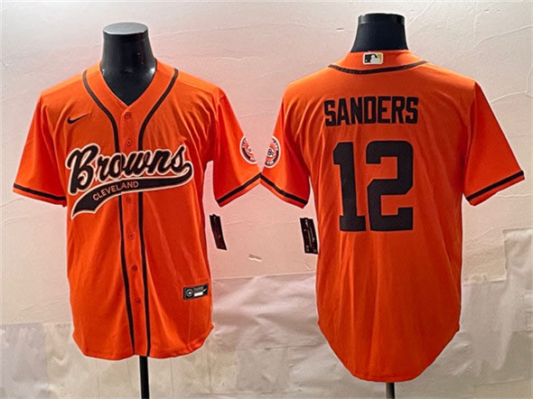 Men's Cleveland Browns 12 Shedeur Sanders Orange With Patch Cool Base Stitched Baseball Jersey
