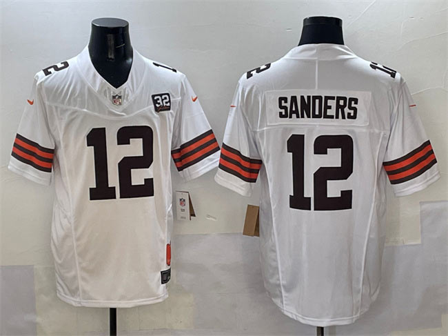 Men's Cleveland Browns 12 Shedeur Sanders White 2025 Draft F.U.S.E. With Jim Brown Memorial & Home Patch Vapor Limited Football Stitched Jersey