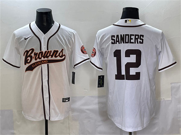 Men's Cleveland Browns 12 Shedeur Sanders White With Patch Cool Base Stitched Baseball Jersey