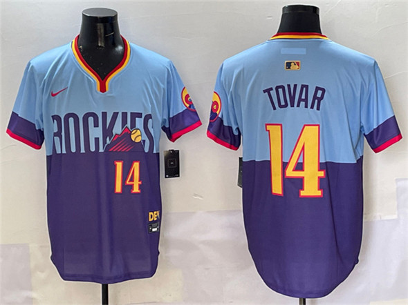 Men's Colorado Rockies 14 Ezequiel Tovar Purple Light Blue 2025 City Connect Limited Stitched Baseball Jersey