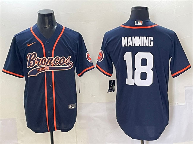 Men's Denver Broncos 18 Peyton Manning Navy Cool Base Stitched Baseball Jersey