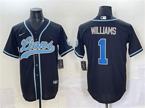 Men's Detroit Lions 1 Jameson Williams Black Stitched Baseball Jersey